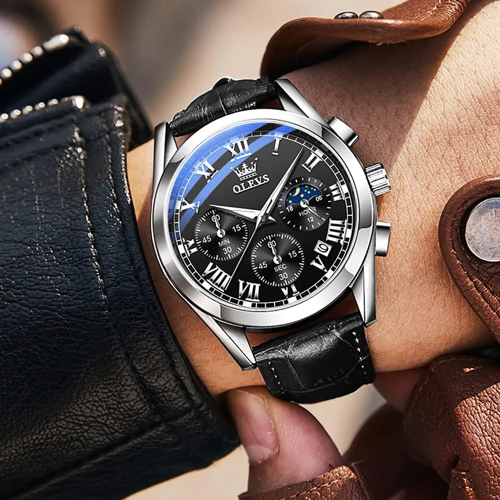 OLEVS Watch for Men Chronograph Brown Leather Gold Case Analog Quartz Fashion Business Dress Large Face Men Watch Day Date Luminous Waterproof Casual Male Wrist Watch Black/Blue/White Dial