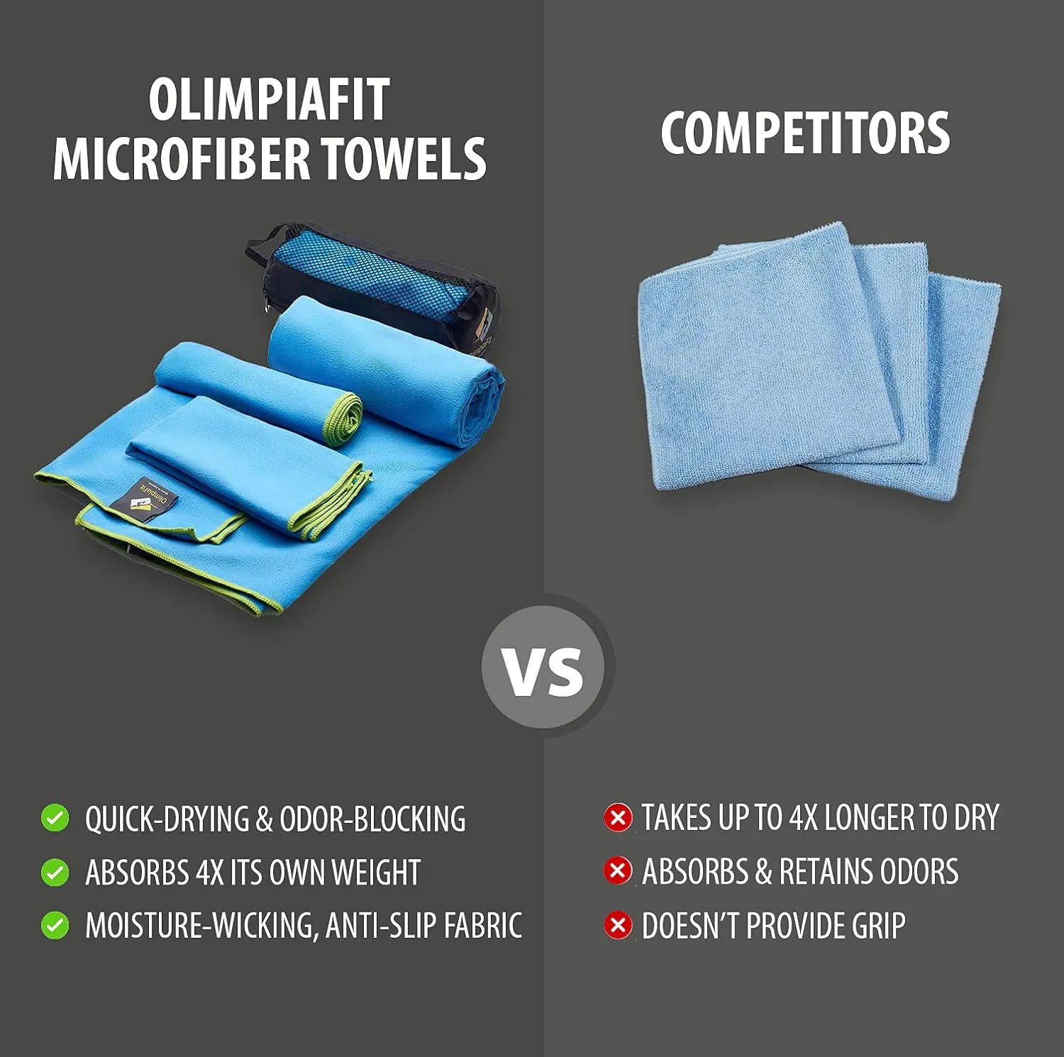 OlimpiaFit Quick Dry Towel - 3 Size Pack of Lightweight Microfiber Travel Towels w/Bag - Fast Drying Towel Set for Camping, Beach, Gym, Backpacking, Sports, Yoga & Swim Use