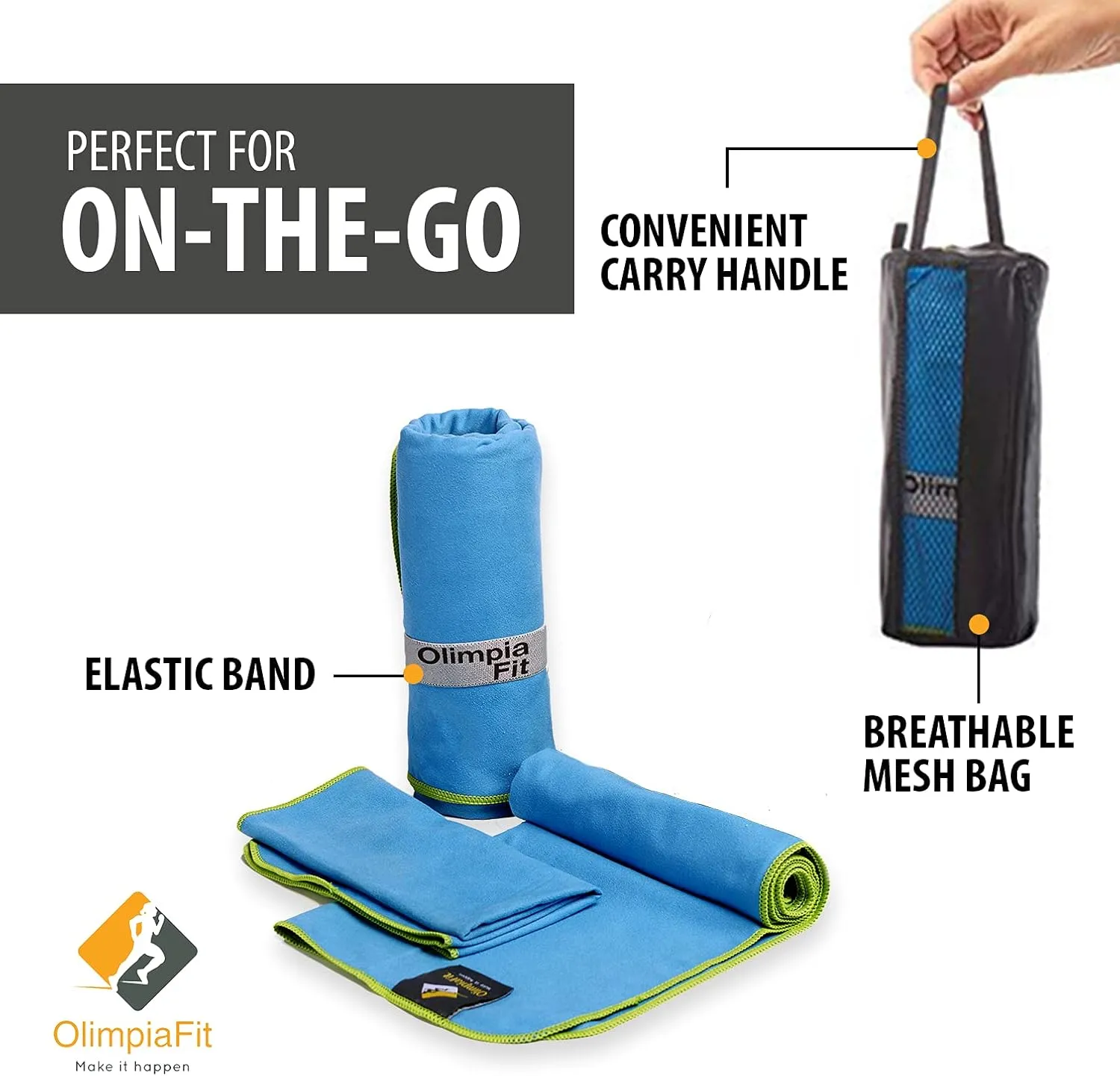 OlimpiaFit Quick Dry Towel - 3 Size Pack of Lightweight Microfiber Travel Towels w/Bag - Fast Drying Towel Set for Camping, Beach, Gym, Backpacking, Sports, Yoga & Swim Use