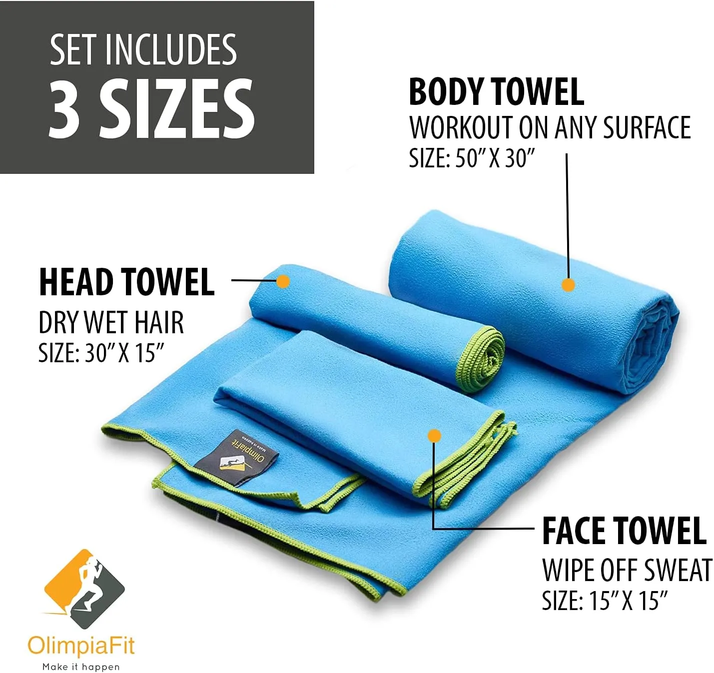 OlimpiaFit Quick Dry Towel - 3 Size Pack of Lightweight Microfiber Travel Towels w/Bag - Fast Drying Towel Set for Camping, Beach, Gym, Backpacking, Sports, Yoga & Swim Use