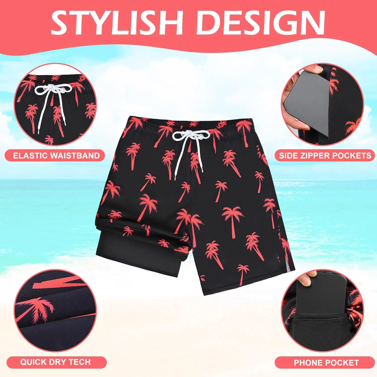 OlyPegic Men's Swim Trunks with Compression Liner Board Beach Shorts Quick Dry Swim Shorts Bathing Suits with Zipper Pock