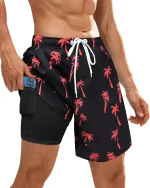 OlyPegic Men's Swim Trunks with Compression Liner Board Beach Shorts Quick Dry Swim Shorts Bathing Suits with Zipper Pock