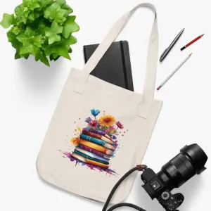 Organic Canvas Tote Bag with Stack of Books and Flowers
