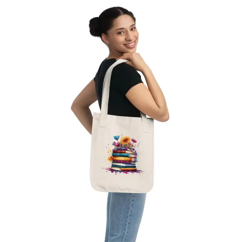 Organic Canvas Tote Bag with Stack of Books and Flowers