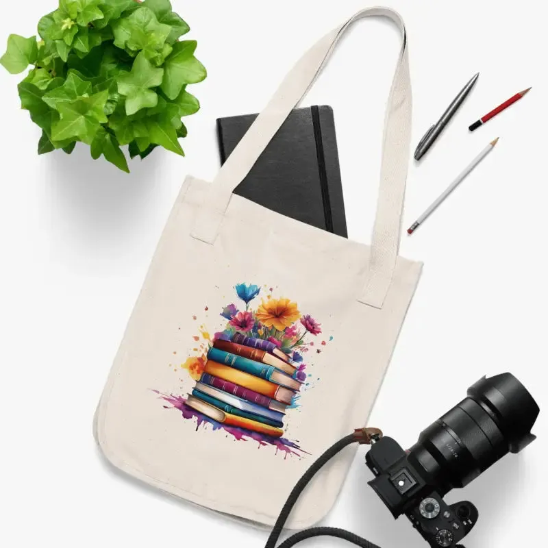 Organic Canvas Tote Bag with Stack of Books and Flowers