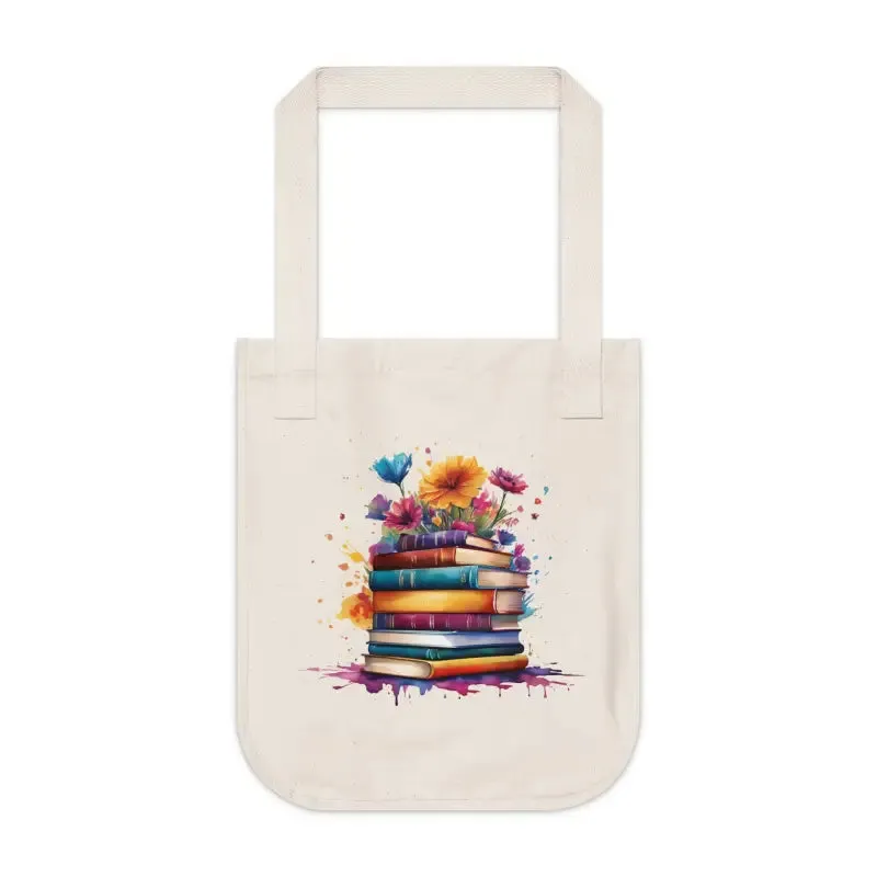 Organic Canvas Tote Bag with Stack of Books and Flowers