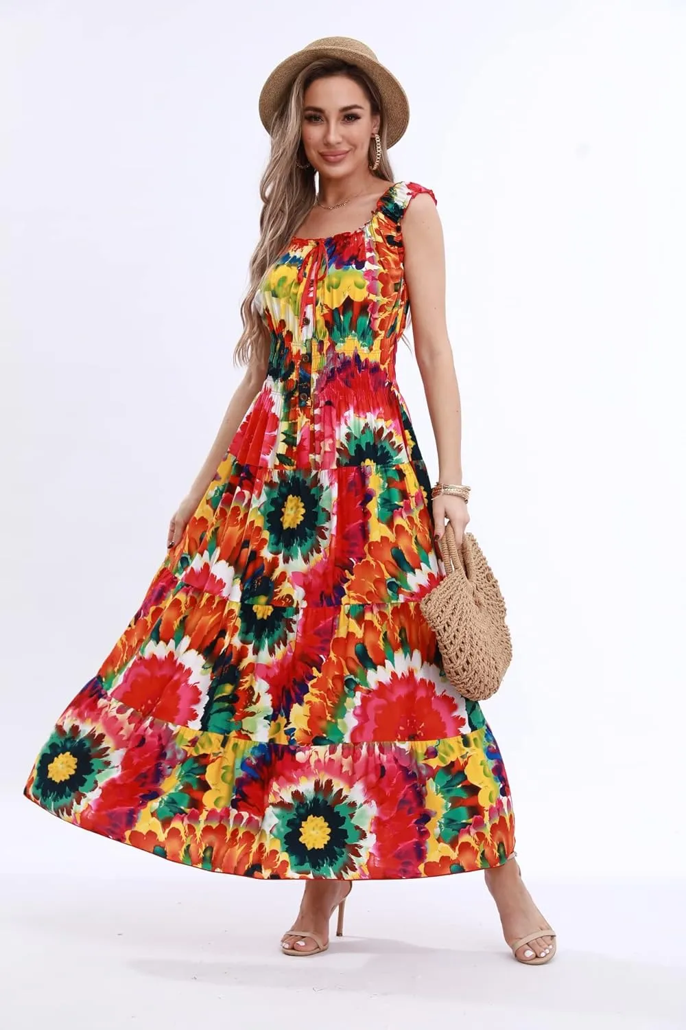 OSTOO Women's 2024 Summer Sleeve Boho Floral Print Casual Loose Flowy Maxi Dress