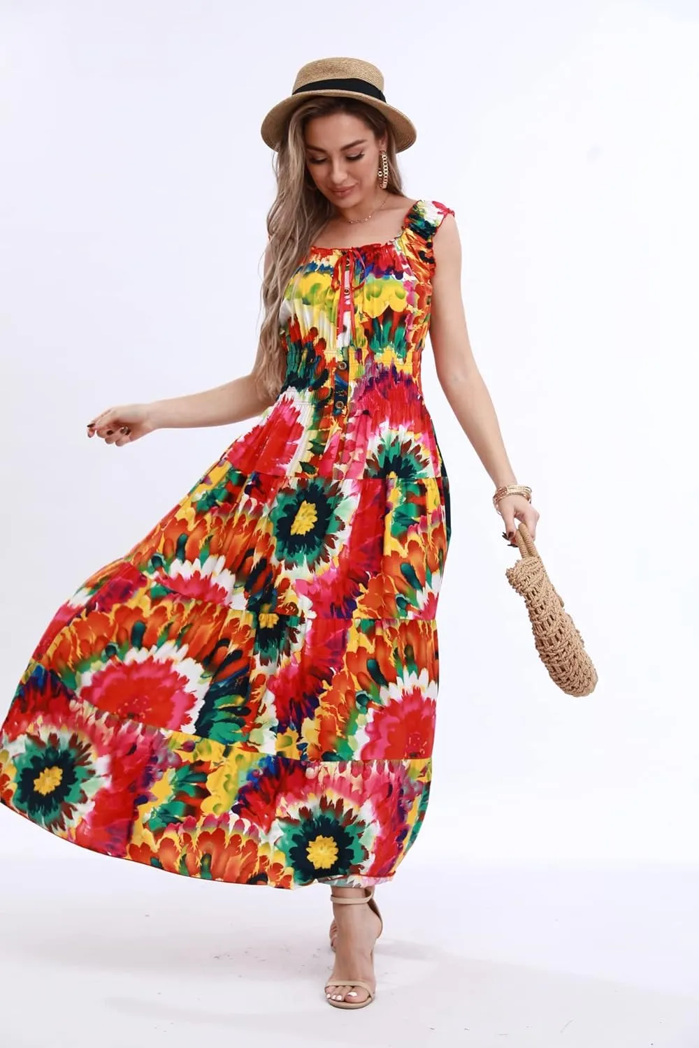 OSTOO Women's 2024 Summer Sleeve Boho Floral Print Casual Loose Flowy Maxi Dress
