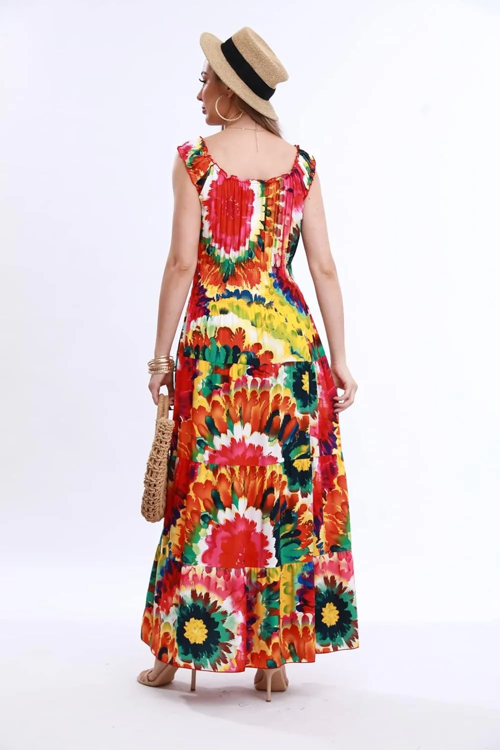 OSTOO Women's 2024 Summer Sleeve Boho Floral Print Casual Loose Flowy Maxi Dress