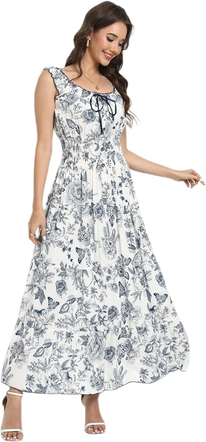 OSTOO Women's 2025 Summer Boho Floral Print Tiered Casual Flowy Long Maxi Dress