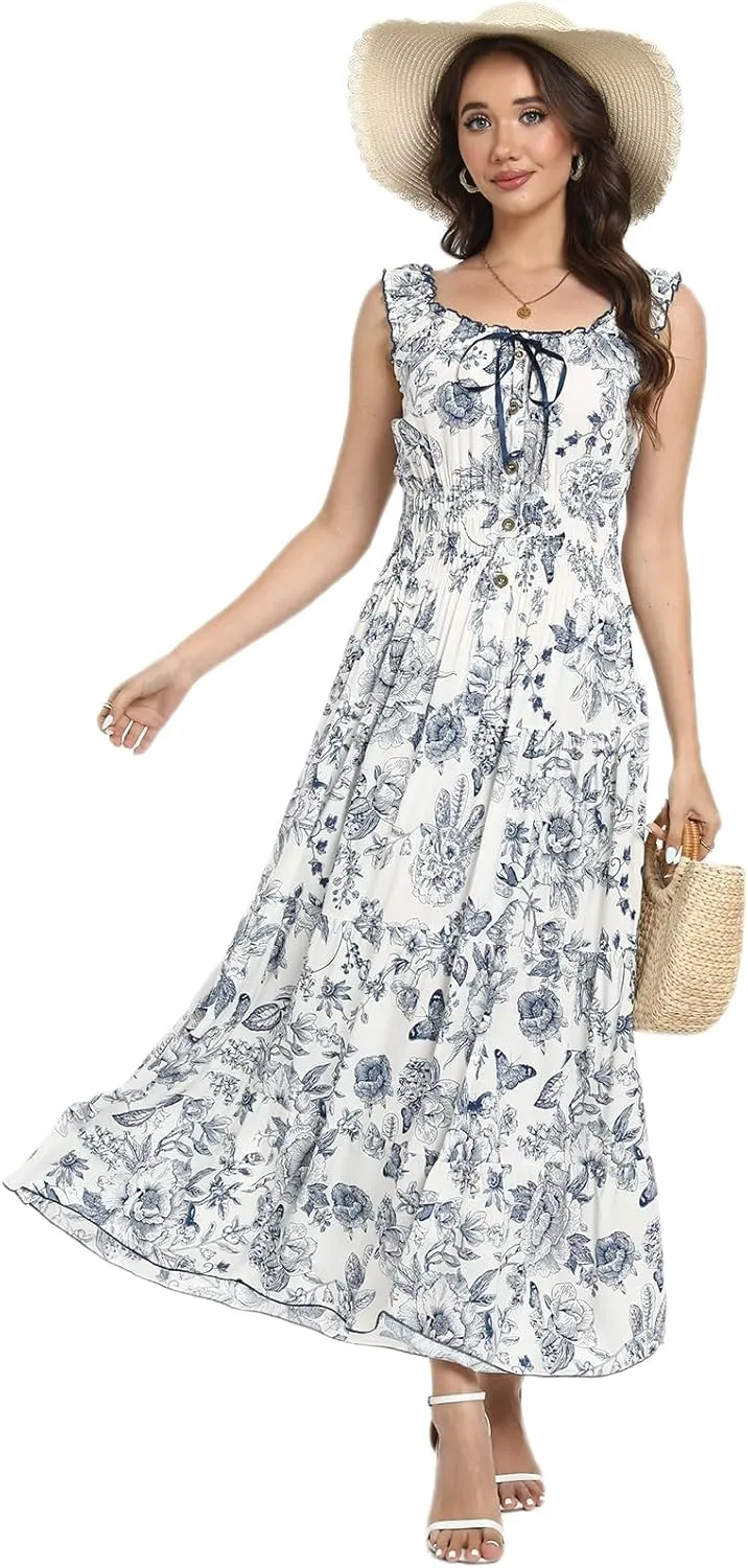OSTOO Women's 2025 Summer Boho Floral Print Tiered Casual Flowy Long Maxi Dress