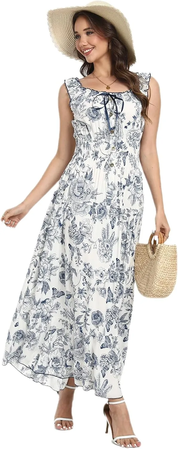 OSTOO Women's 2025 Summer Boho Floral Print Tiered Casual Flowy Long Maxi Dress