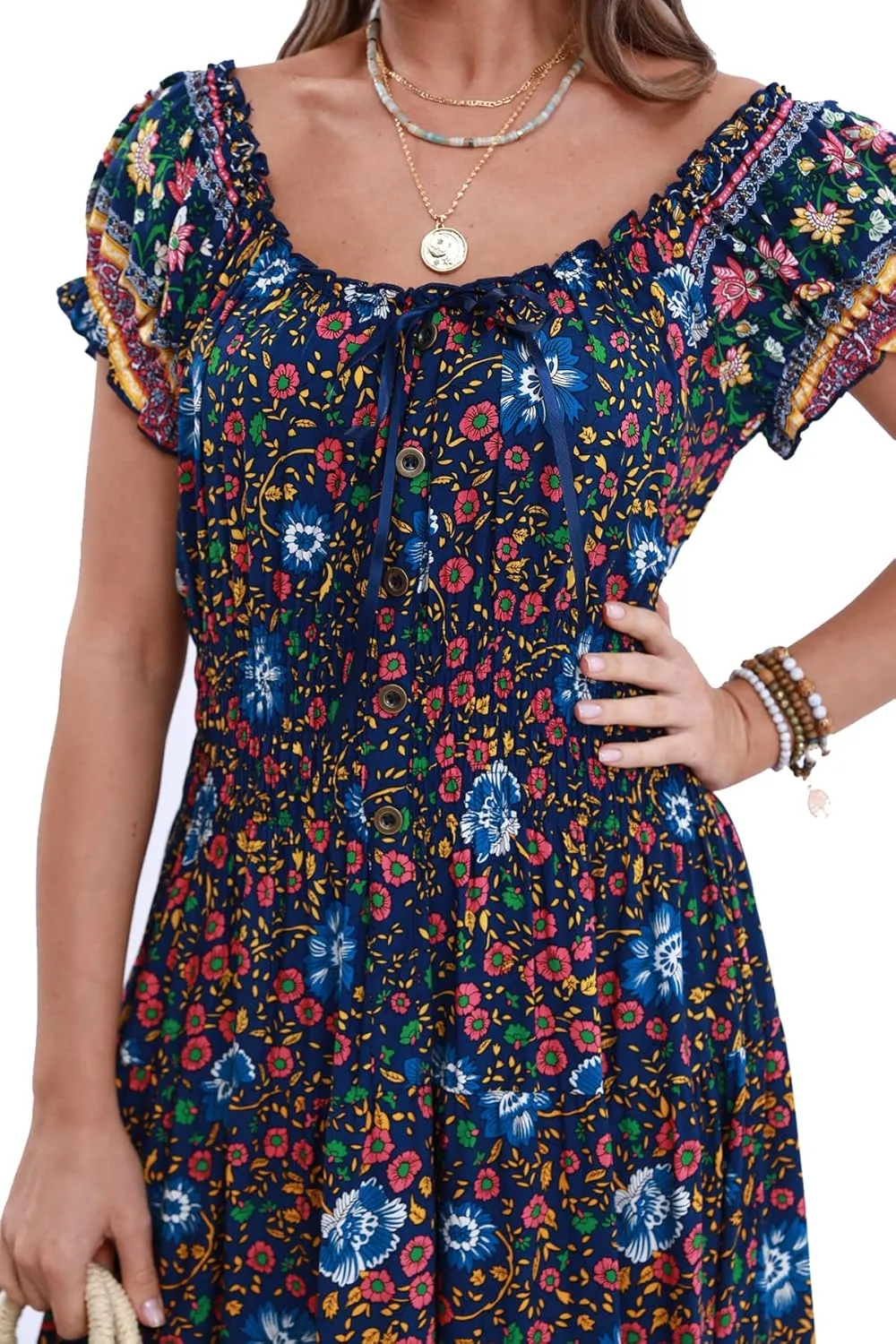 OSTOO Women's 2025 Summer Short Sleeves Boho Floral Print Tiered Casual Flowy Long Maxi Dress