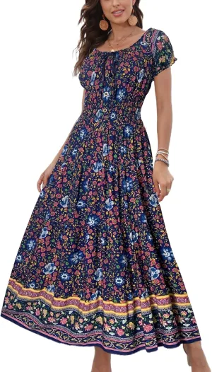 OSTOO Women's 2025 Summer Short Sleeves Boho Floral Print Tiered Casual Flowy Long Maxi Dress