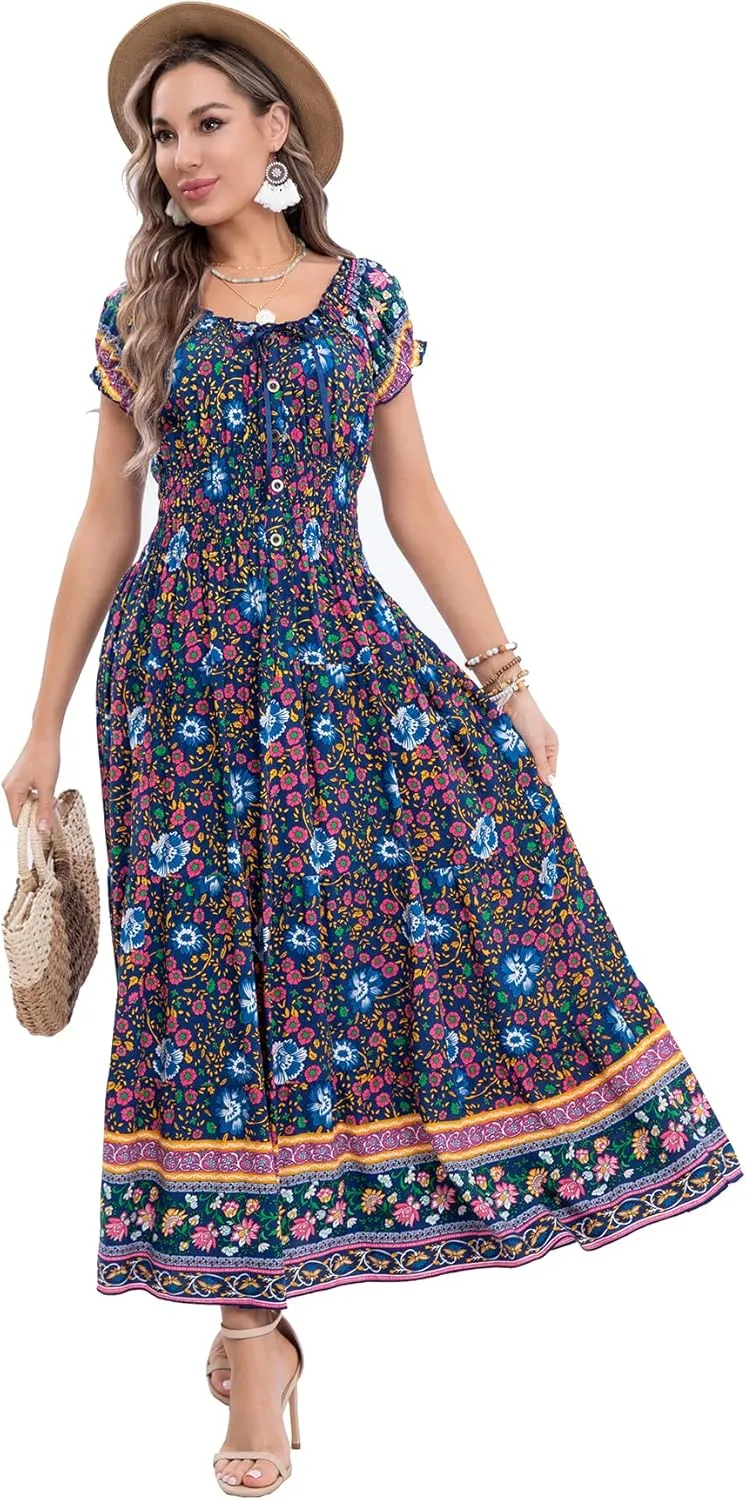OSTOO Women's 2025 Summer Short Sleeves Boho Floral Print Tiered Casual Flowy Long Maxi Dress