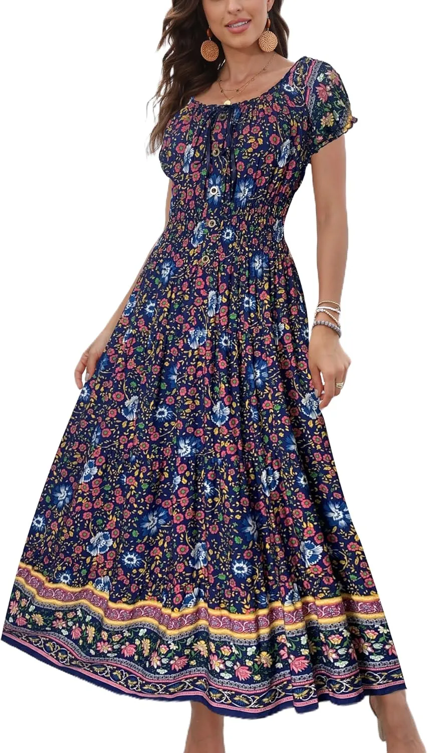 OSTOO Women's 2025 Summer Short Sleeves Boho Floral Print Tiered Casual Flowy Long Maxi Dress