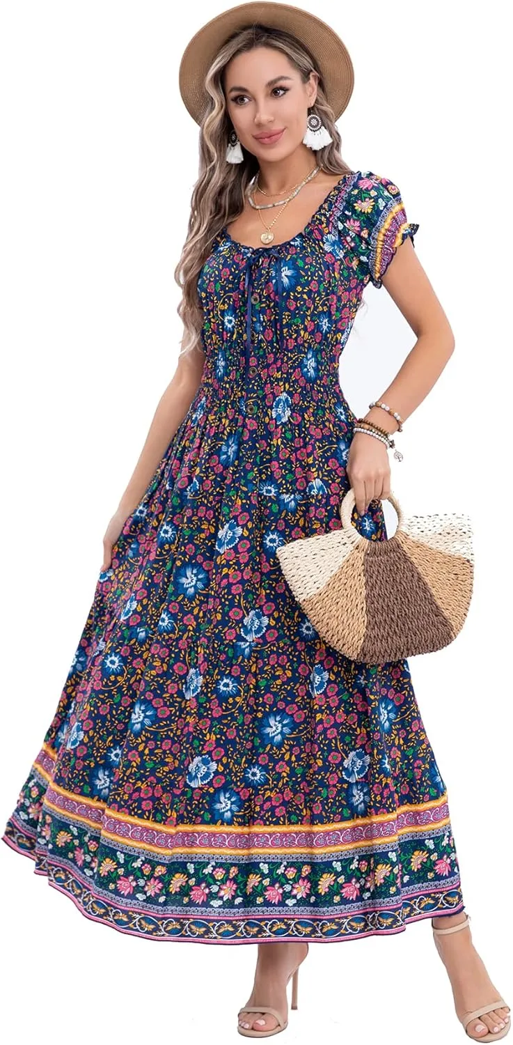 OSTOO Women's 2025 Summer Short Sleeves Boho Floral Print Tiered Casual Flowy Long Maxi Dress