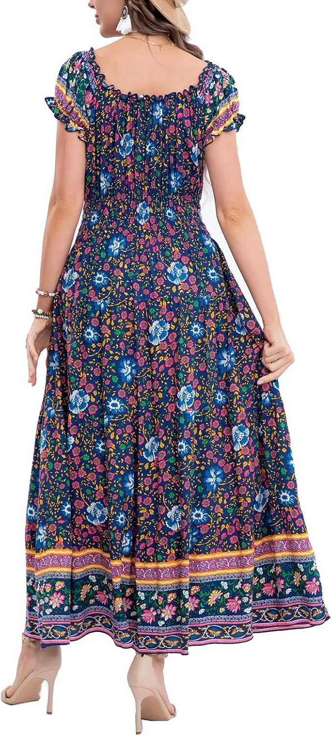 OSTOO Women's 2025 Summer Short Sleeves Boho Floral Print Tiered Casual Flowy Long Maxi Dress