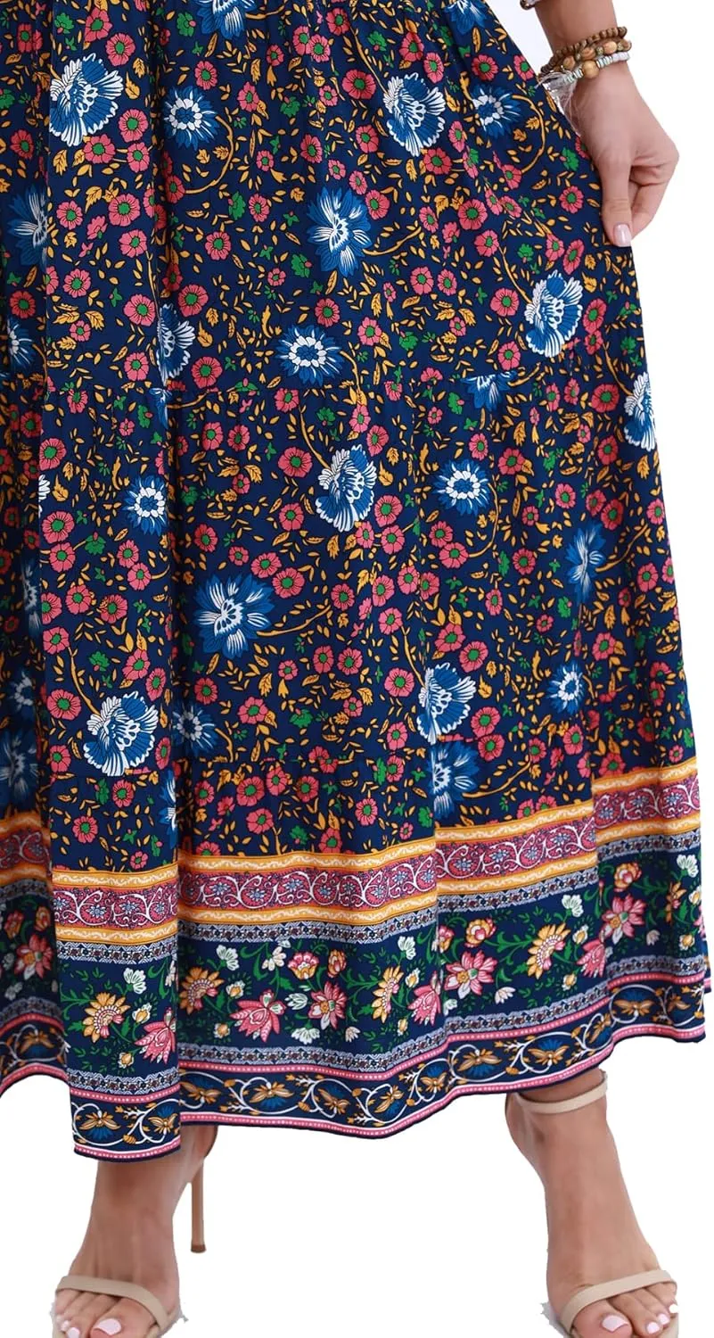 OSTOO Women's 2025 Summer Short Sleeves Boho Floral Print Tiered Casual Flowy Long Maxi Dress