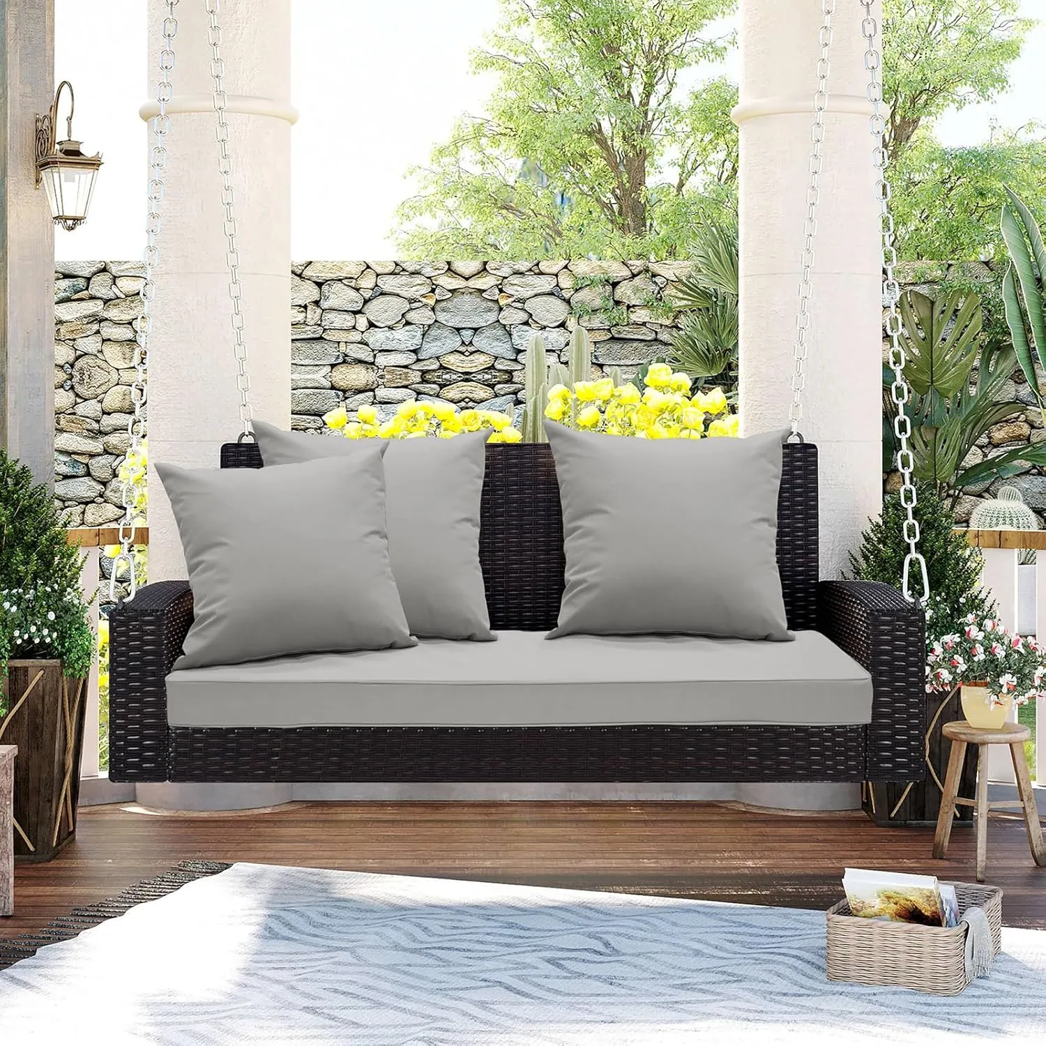 Outdoor Bench Cushion 54 x 18 x 3 Inch, Waterproof Patio Furniture Cushions with Ties, Non-Slip Rectangle Bench Seat Cushion Foam Pad for Garden Sofa Settee Couch Swing, Light Gray