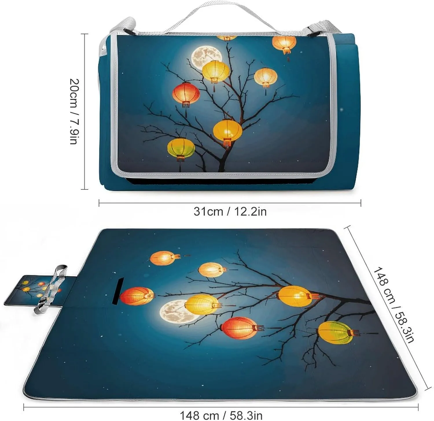 Outdoor Picnic Blankets Waterproof Quick Drying Extra Large Beach Blanket Lanterns Hanging from Trees Picnic Mat for Park Beach Campin