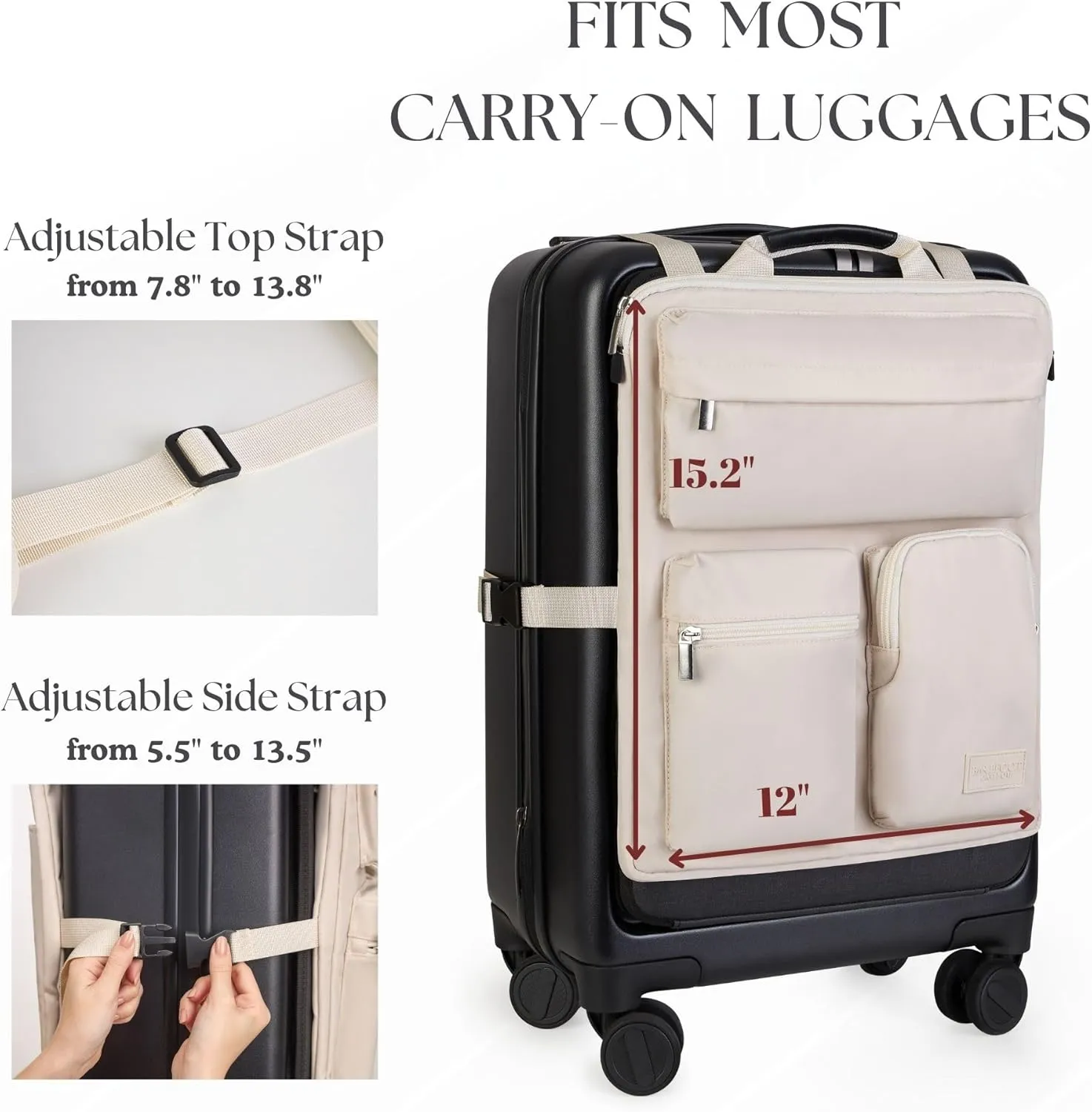 Over Luggage Organizer for Carry On Bag or Suitcase with Storage Pockets, 16” Laptop Sleeve with Handle, Travel Accessories Bag, Slide On Luggage Harness with Adjustable Straps (Ivory)