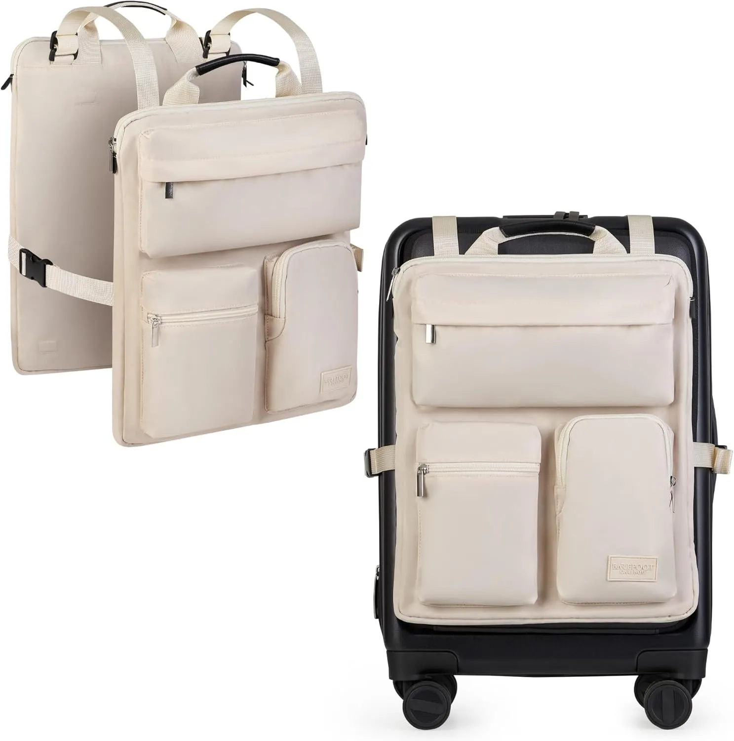 Over Luggage Organizer for Carry On Bag or Suitcase with Storage Pockets, 16” Laptop Sleeve with Handle, Travel Accessories Bag, Slide On Luggage Harness with Adjustable Straps (Ivory)