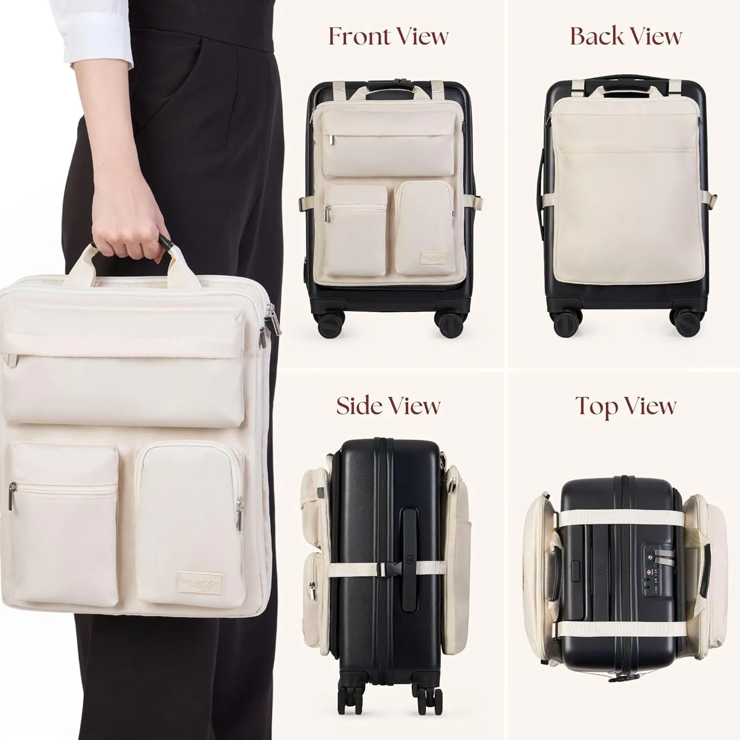 Over Luggage Organizer for Carry On Bag or Suitcase with Storage Pockets, 16” Laptop Sleeve with Handle, Travel Accessories Bag, Slide On Luggage Harness with Adjustable Straps (Ivory)
