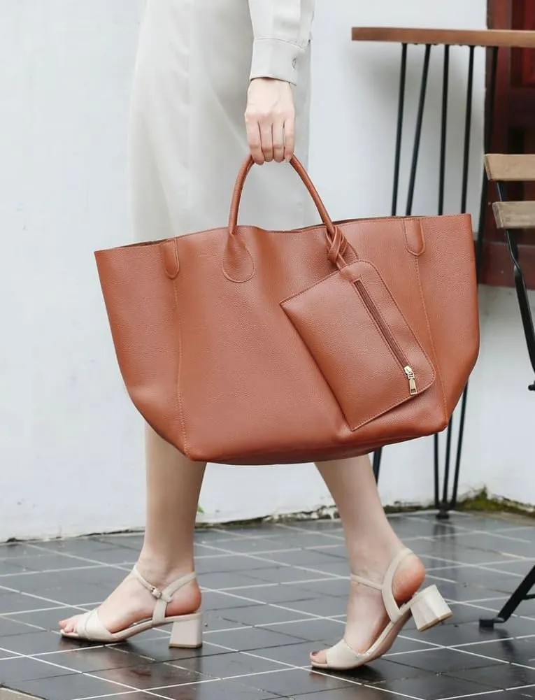 Oversize Vegan Leather Tote Bags for Women Soft Purse Weekender Bag Shopper Handbag Travel Working Satchels 2pcs