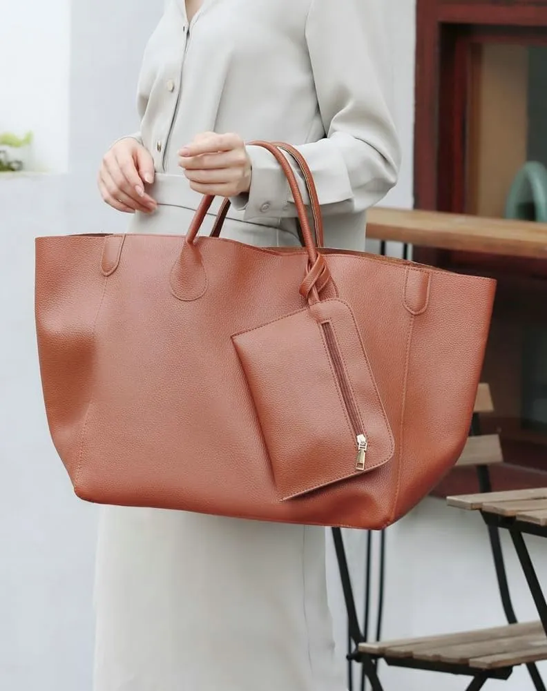 Oversize Vegan Leather Tote Bags for Women Soft Purse Weekender Bag Shopper Handbag Travel Working Satchels 2pcs