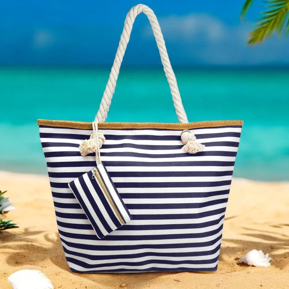 Oversized Navy and White Stripe Beach Tote Bag with Zipper Closure