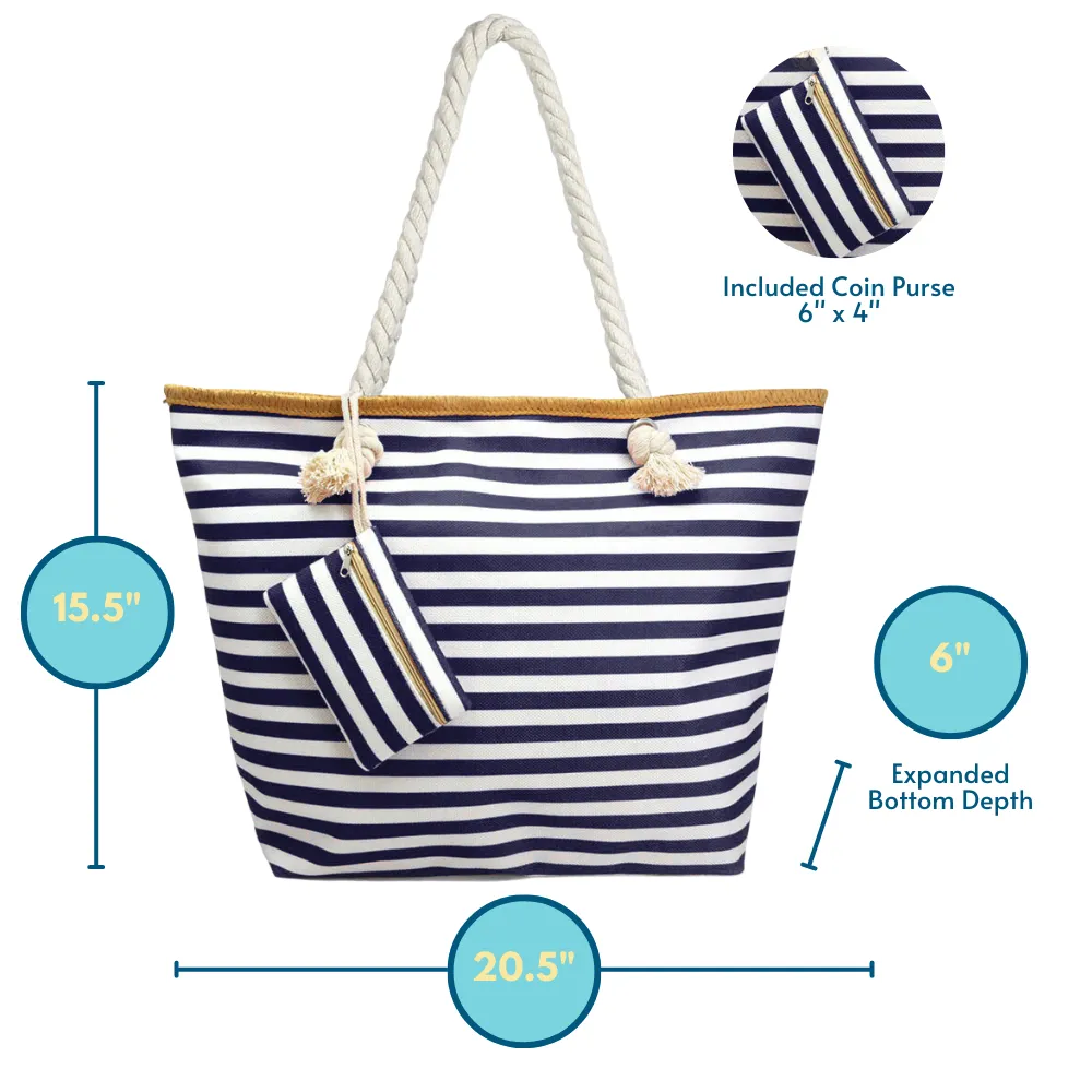 Oversized Navy and White Stripe Beach Tote Bag with Zipper Closure