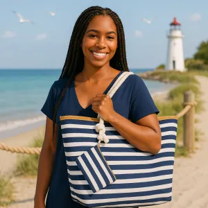 Oversized Navy and White Stripe Beach Tote Bag with Zipper Closure