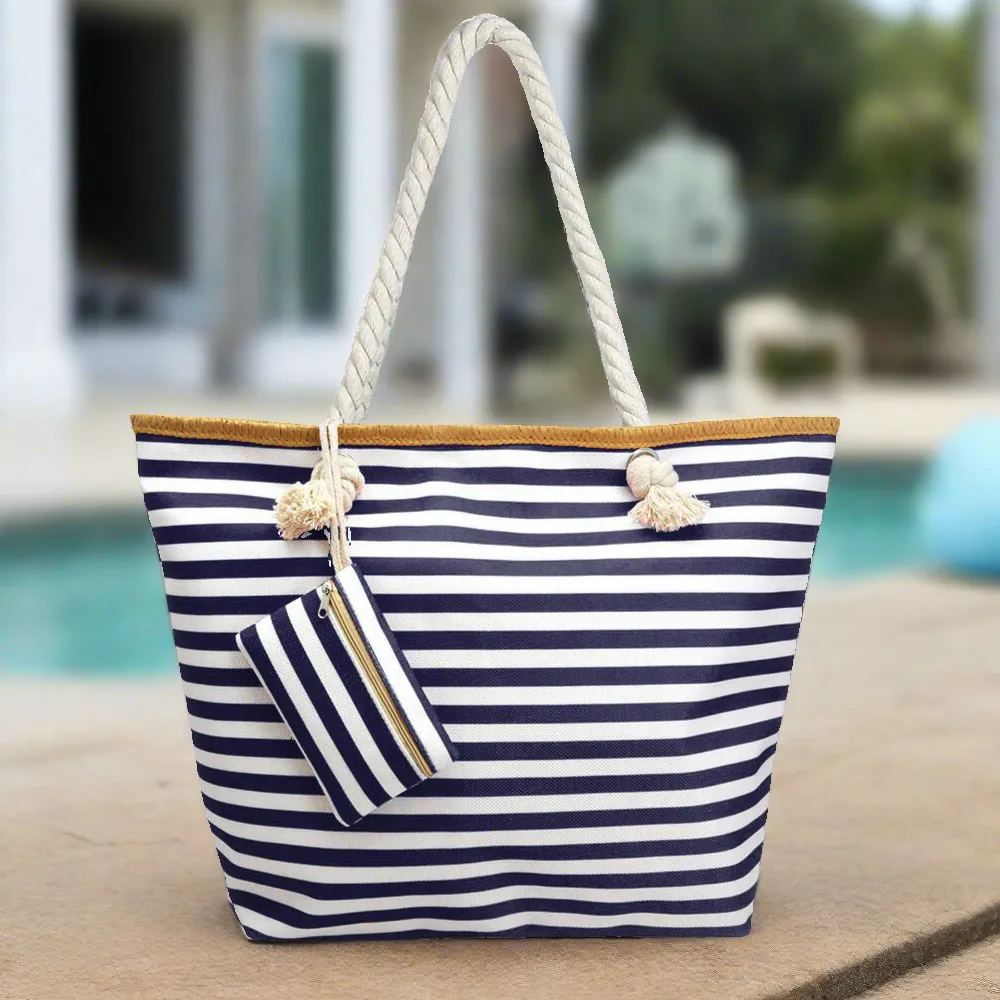 Oversized Navy and White Stripe Beach Tote Bag with Zipper Closure