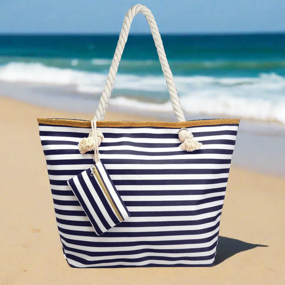 Oversized Navy and White Stripe Beach Tote Bag with Zipper Closure