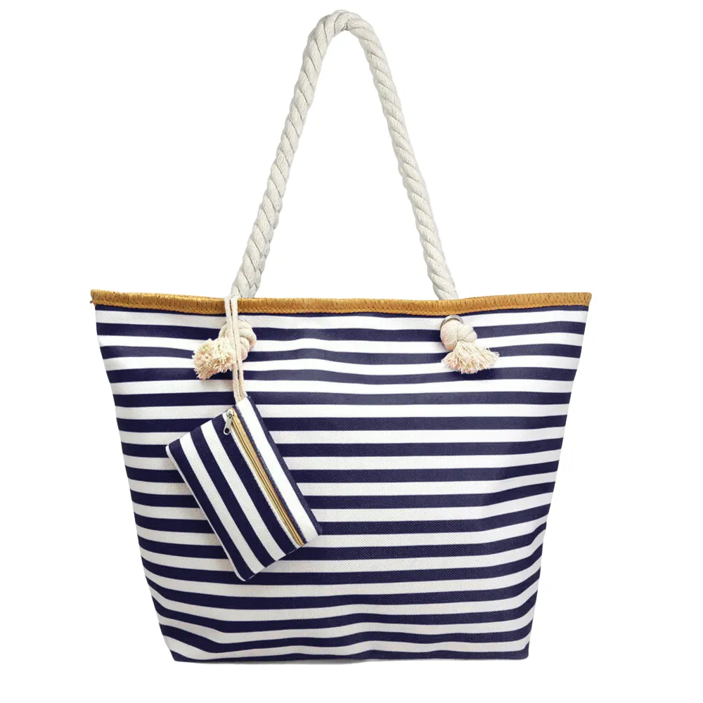 Oversized Navy and White Stripe Beach Tote Bag with Zipper Closure