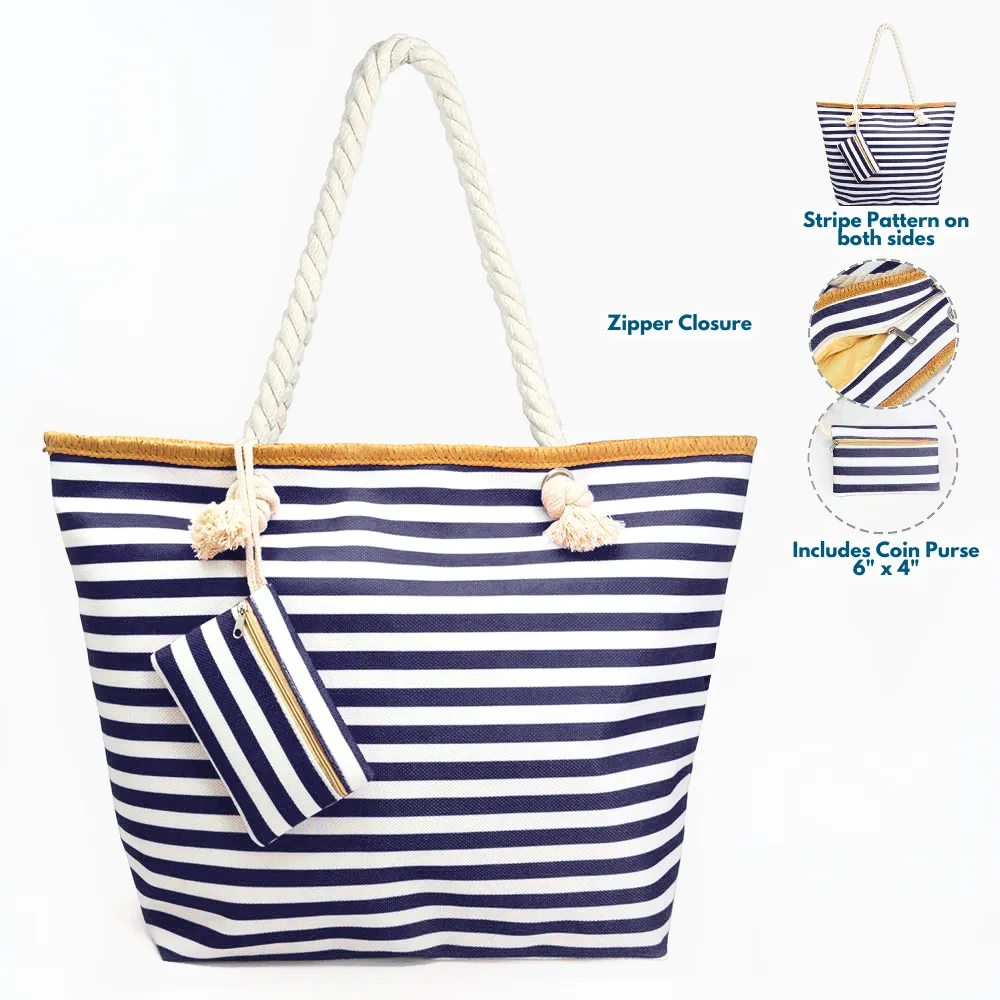 Oversized Navy and White Stripe Beach Tote Bag with Zipper Closure