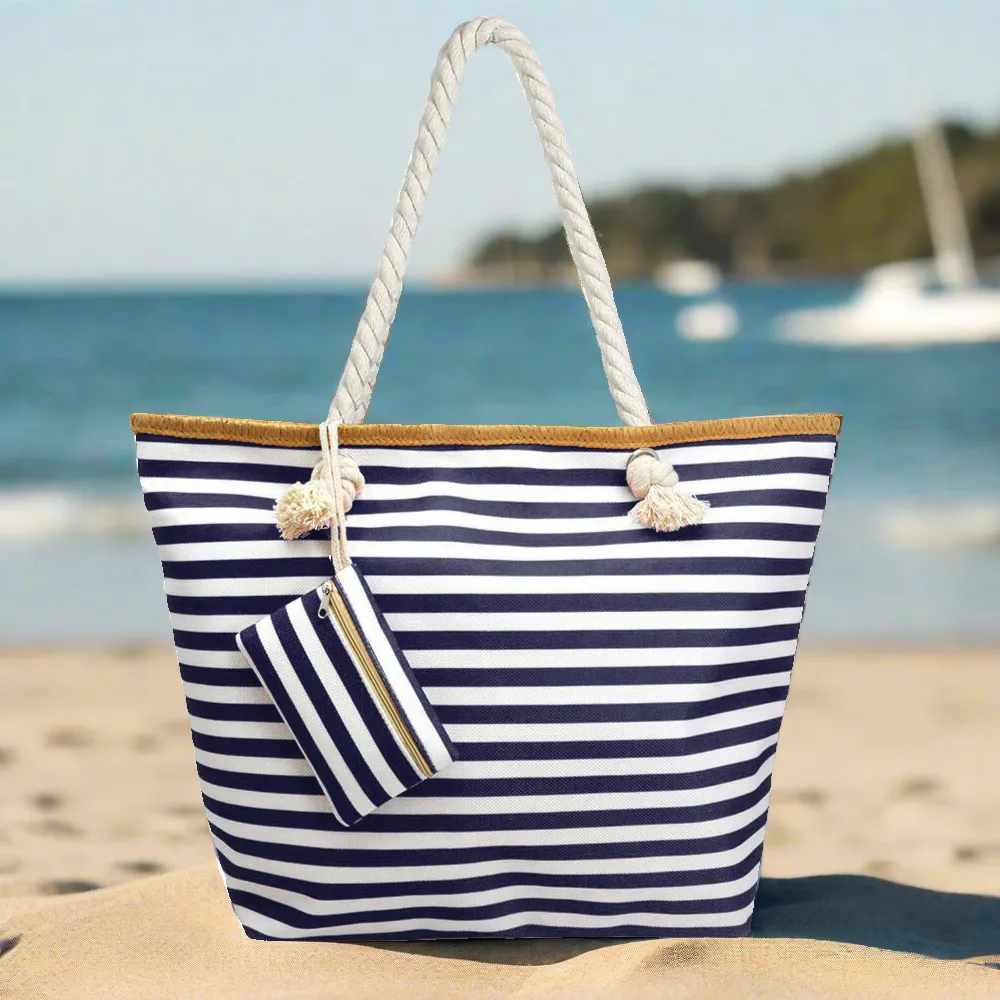 Oversized Navy and White Stripe Beach Tote Bag with Zipper Closure