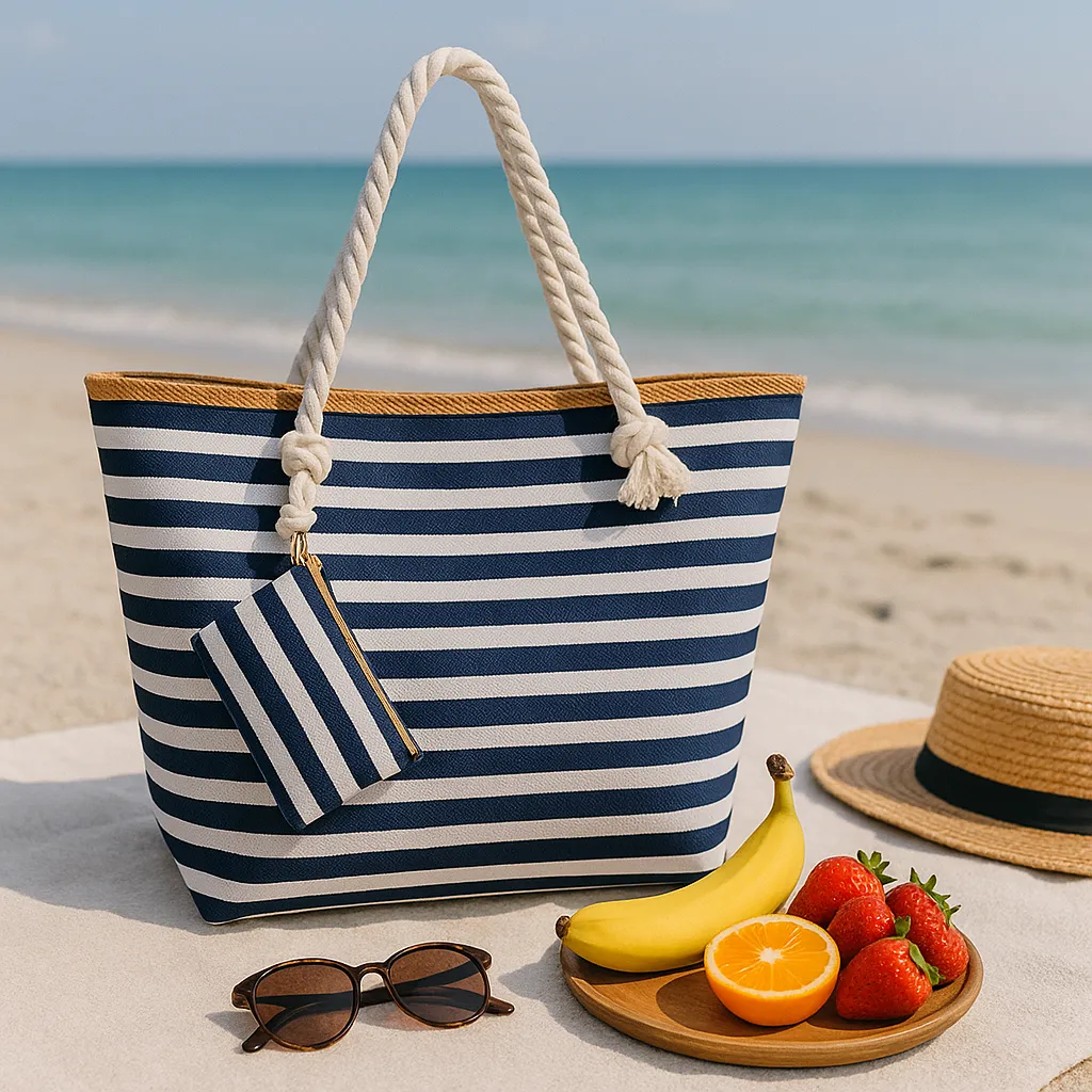 Oversized Navy and White Stripe Beach Tote Bag with Zipper Closure