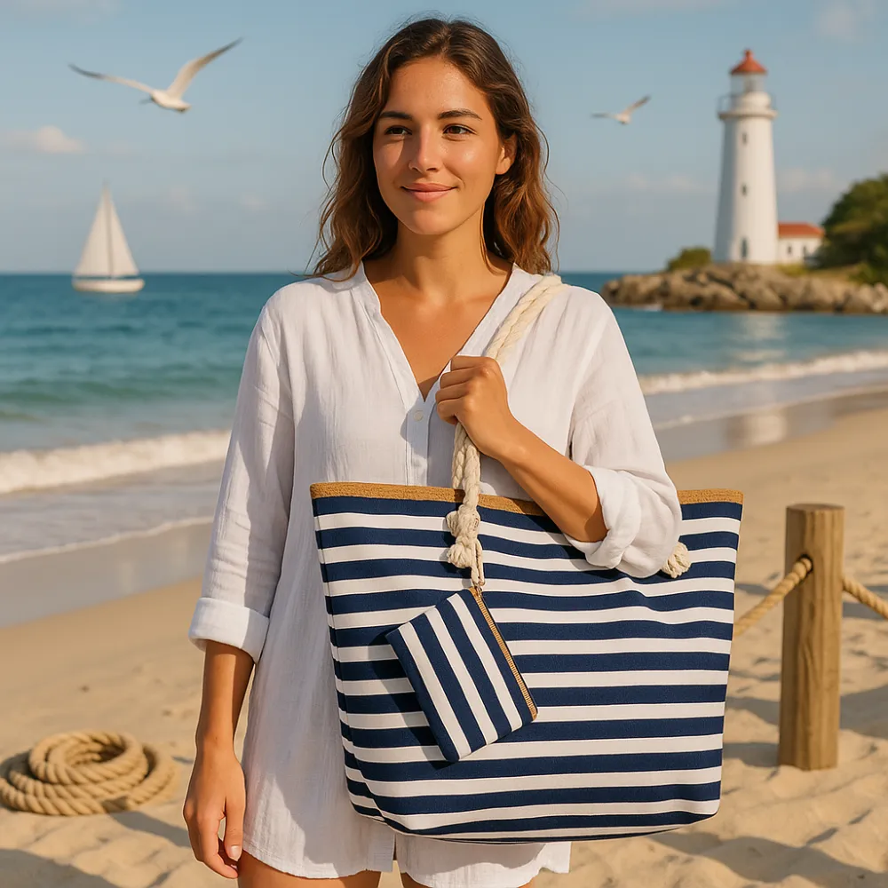 Oversized Navy and White Stripe Beach Tote Bag with Zipper Closure