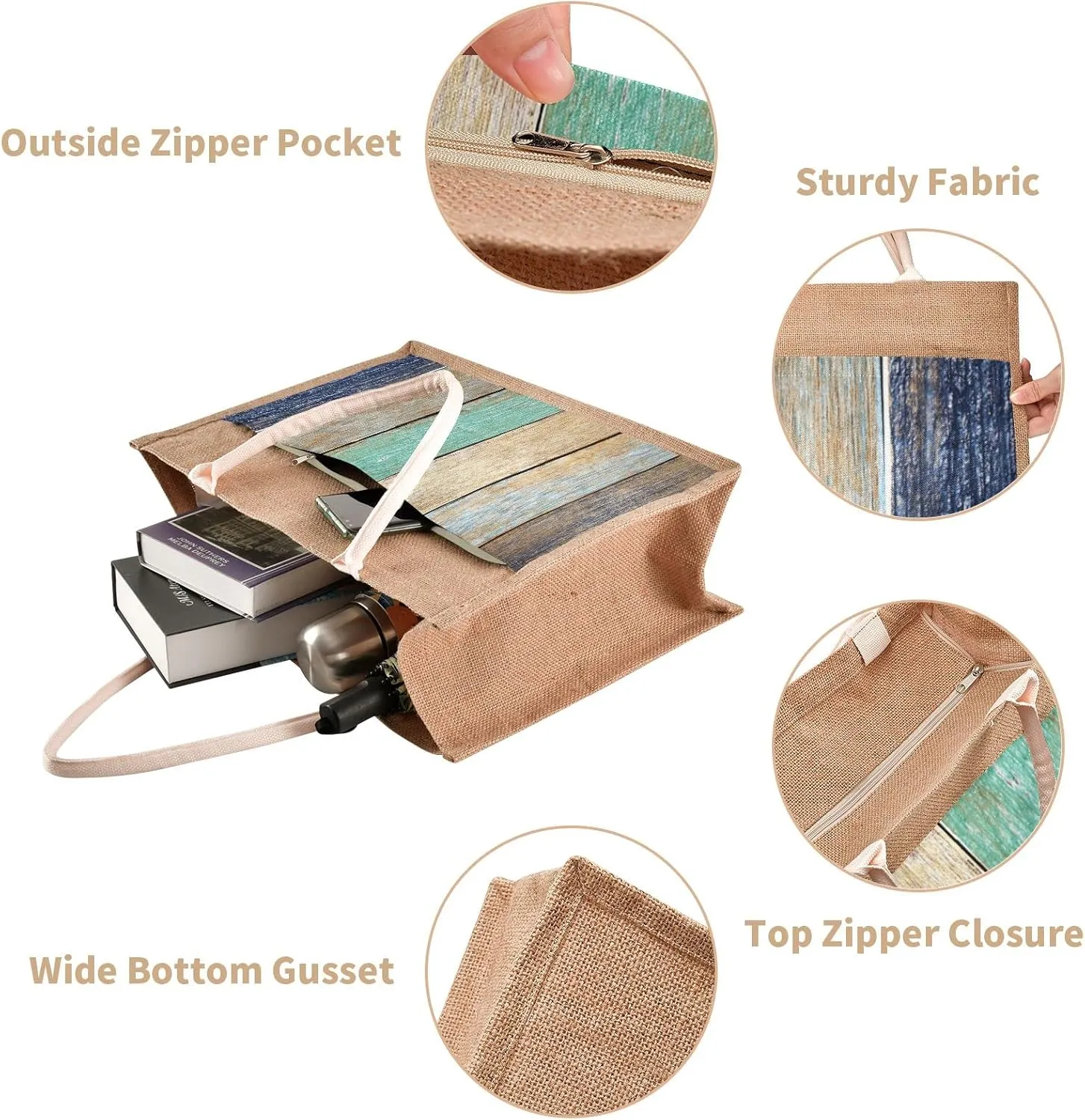 Oyihfvs Durable Burlap Bag with Handles, Zipper Jute Tote Reusable Bag Waterproof Lining for Shopping Work Travel beach