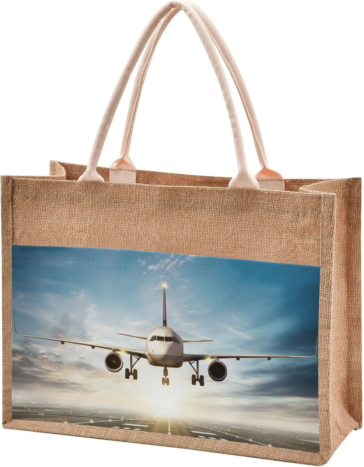 Oyihfvs Durable Burlap Bag with Handles, Zipper Jute Tote Reusable Bag Waterproof Lining for Shopping Work Travel beach