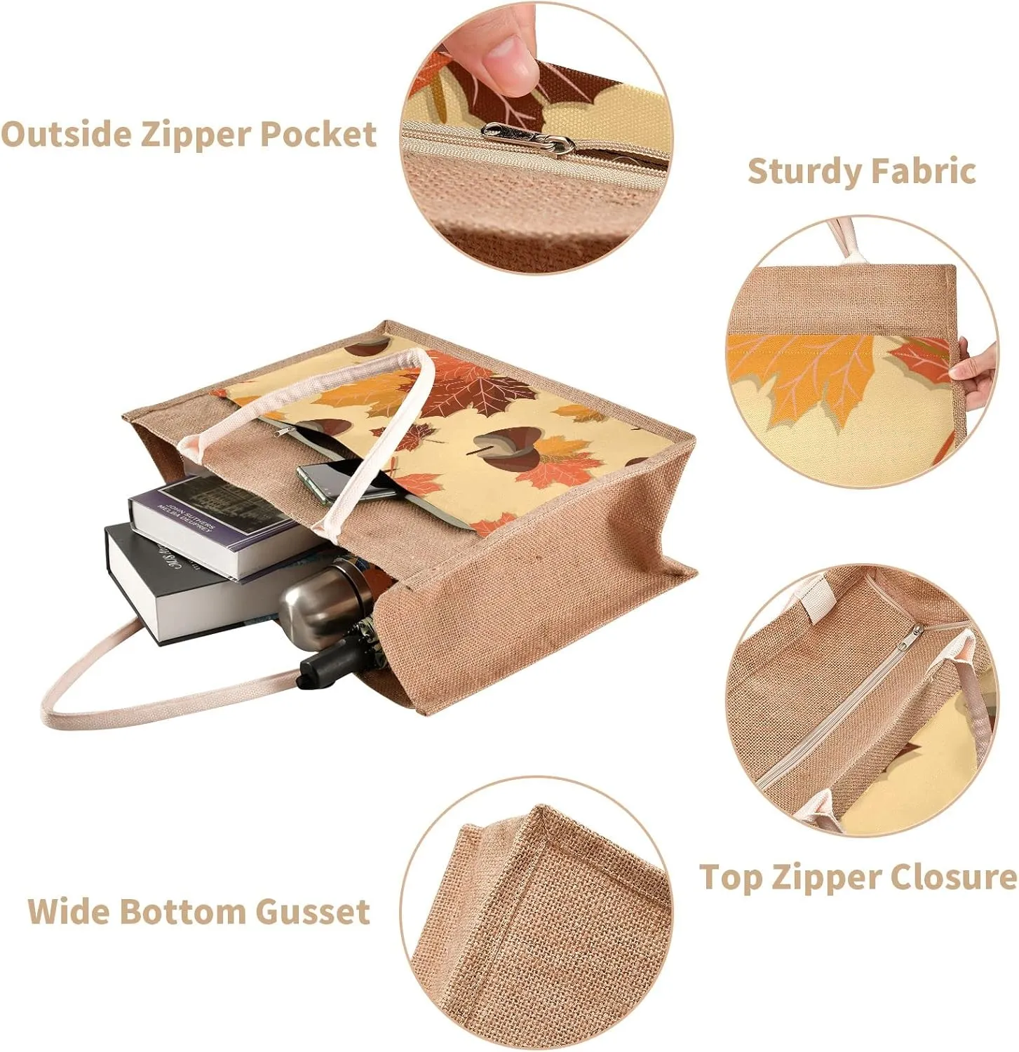 Oyihfvs Durable Burlap Bag with Handles, Zipper Jute Tote Reusable Bag Waterproof Lining for Shopping Work Travel beach