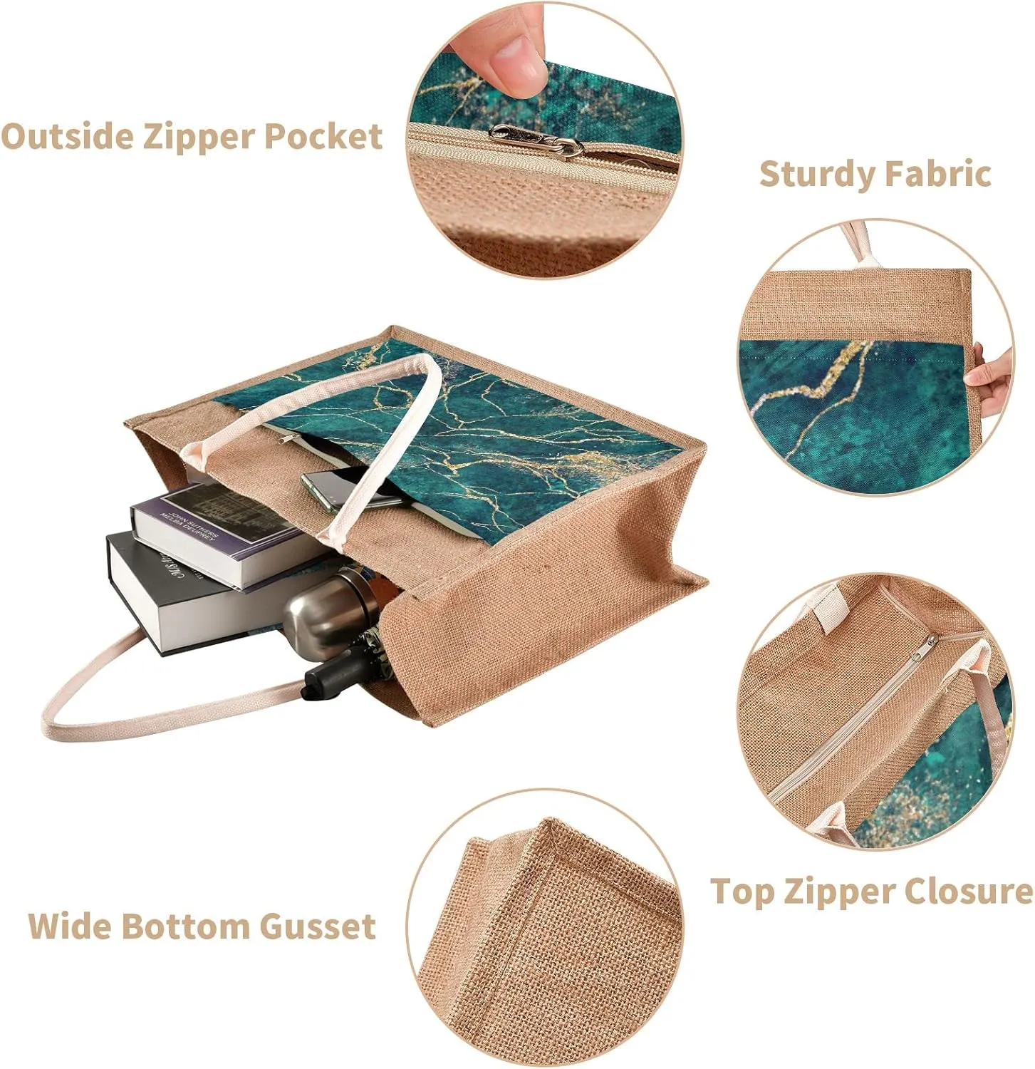 Oyihfvs Durable Burlap Bag with Handles, Zipper Jute Tote Reusable Bag Waterproof Lining for Shopping Work Travel beach