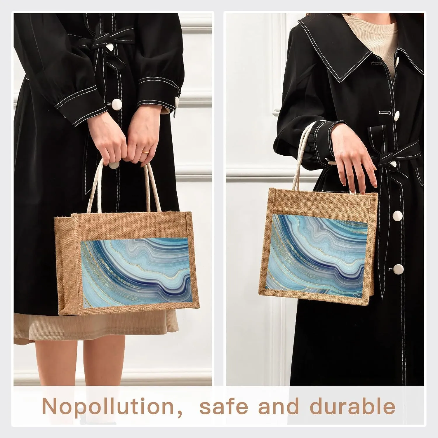 Oyihfvs Durable Burlap Bag with Handles, Zipper Jute Tote Reusable Bag Waterproof Lining for Shopping Work Travel beach