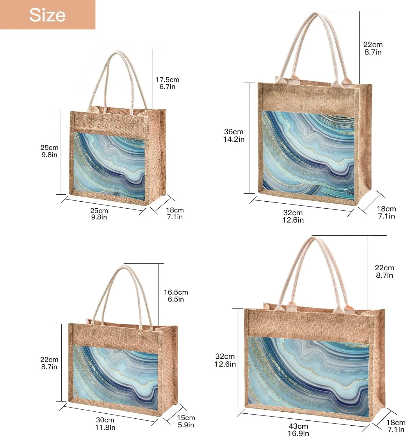 Oyihfvs Durable Burlap Bag with Handles, Zipper Jute Tote Reusable Bag Waterproof Lining for Shopping Work Travel beach