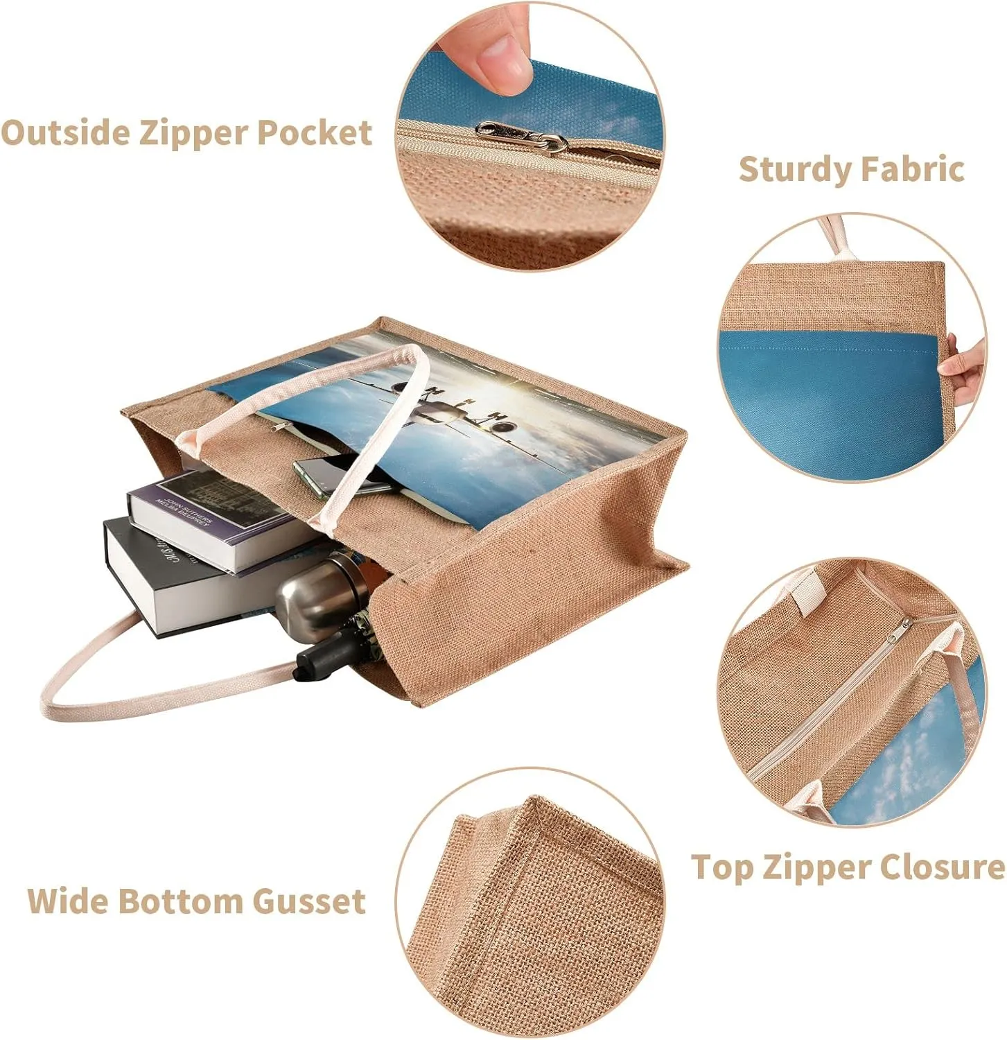 Oyihfvs Durable Burlap Bag with Handles, Zipper Jute Tote Reusable Bag Waterproof Lining for Shopping Work Travel beach