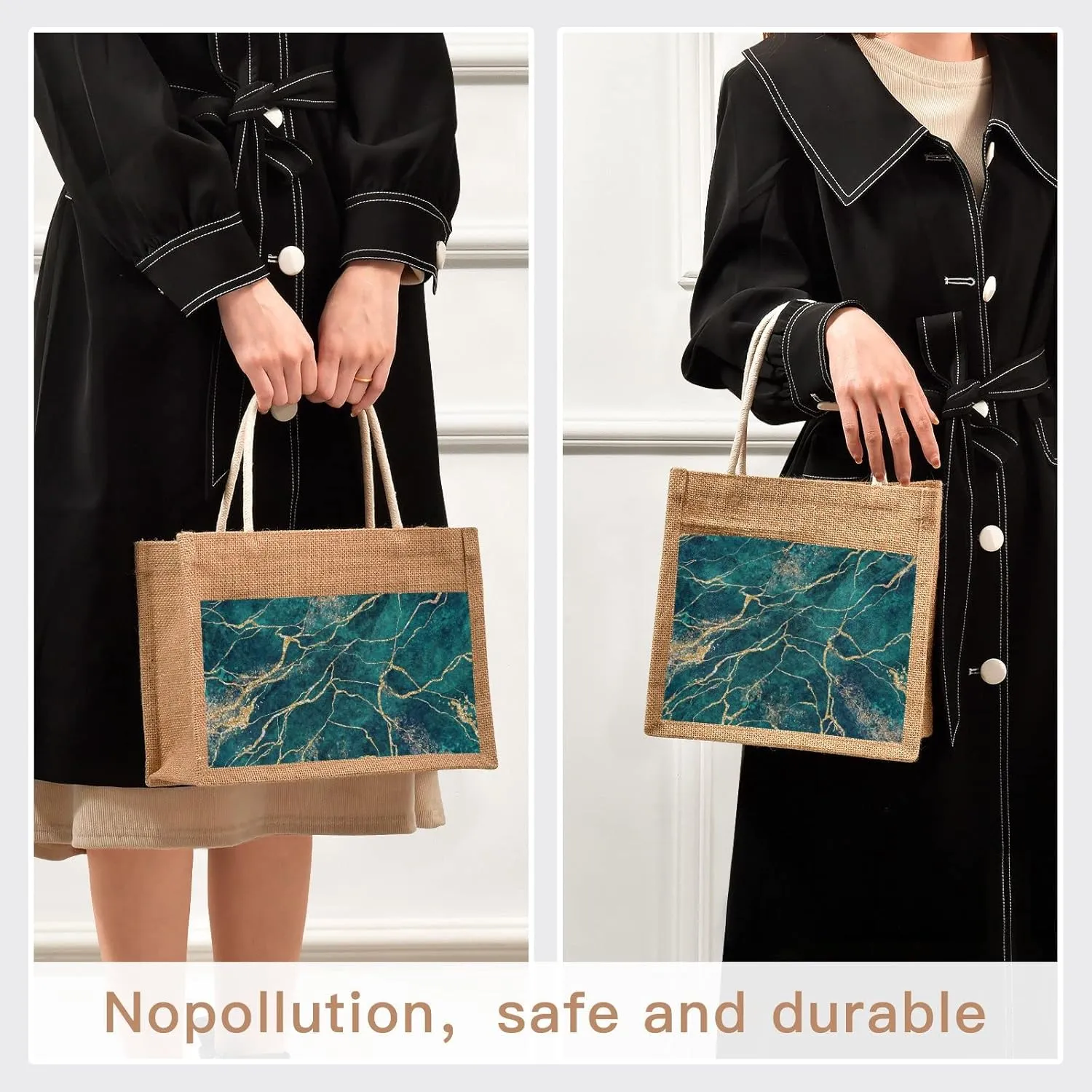 Oyihfvs Durable Burlap Bag with Handles, Zipper Jute Tote Reusable Bag Waterproof Lining for Shopping Work Travel beach
