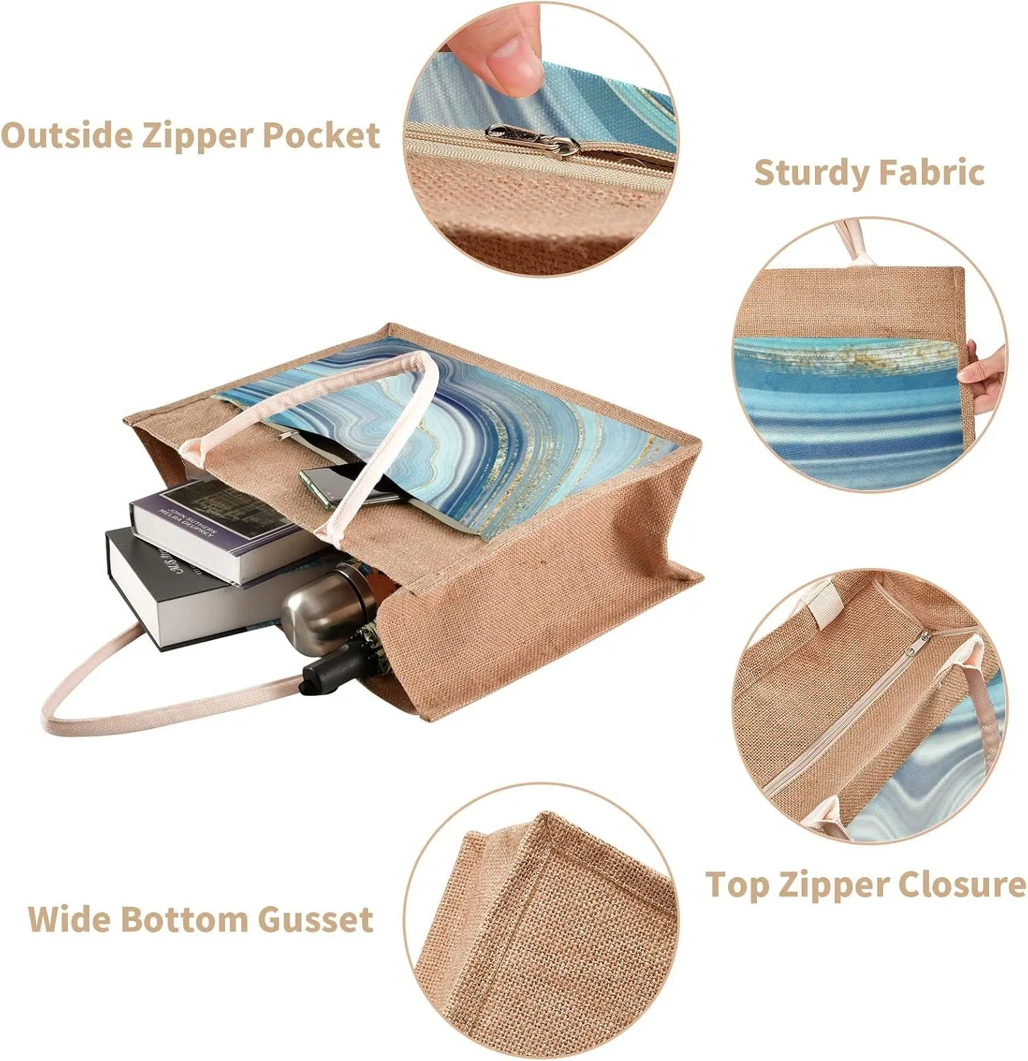 Oyihfvs Durable Burlap Bag with Handles, Zipper Jute Tote Reusable Bag Waterproof Lining for Shopping Work Travel beach