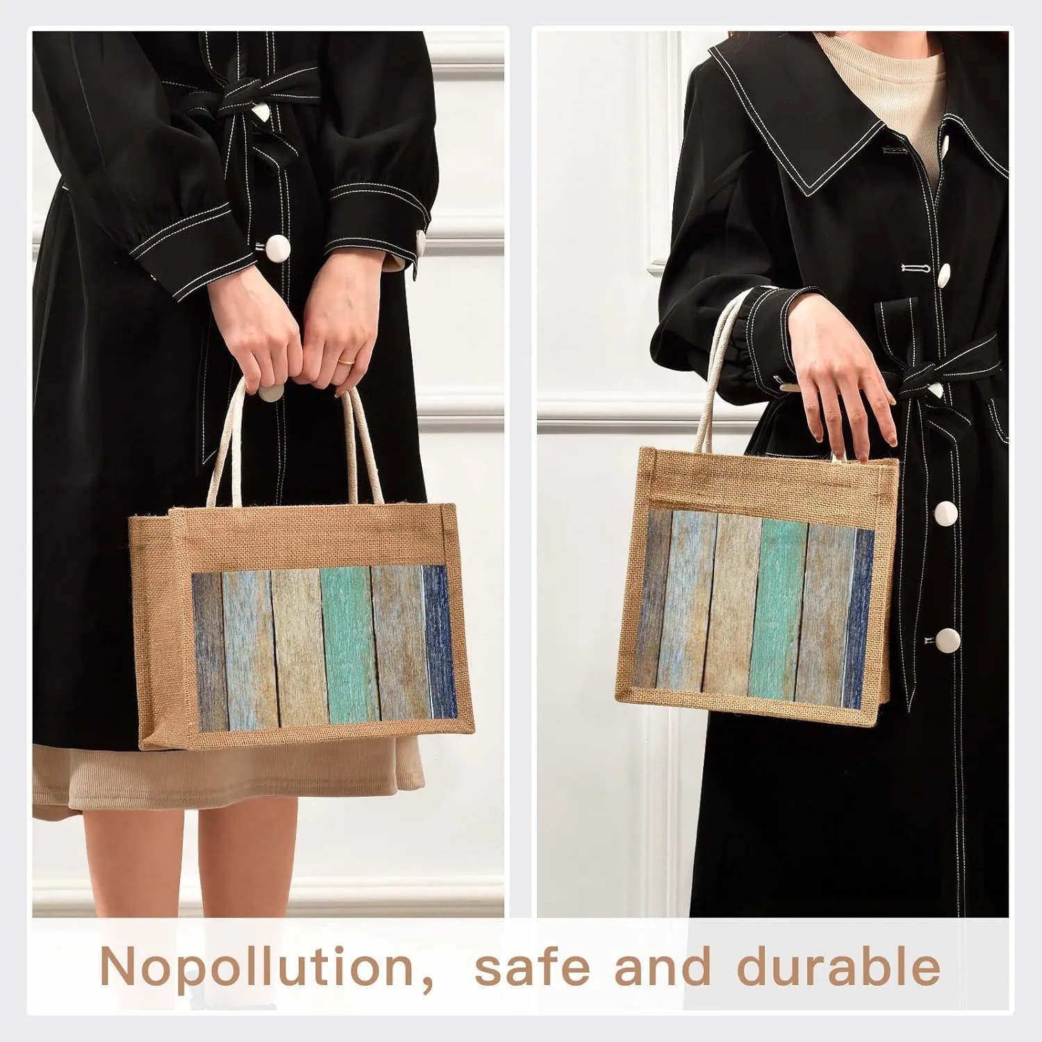 Oyihfvs Durable Burlap Bag with Handles, Zipper Jute Tote Reusable Bag Waterproof Lining for Shopping Work Travel beach